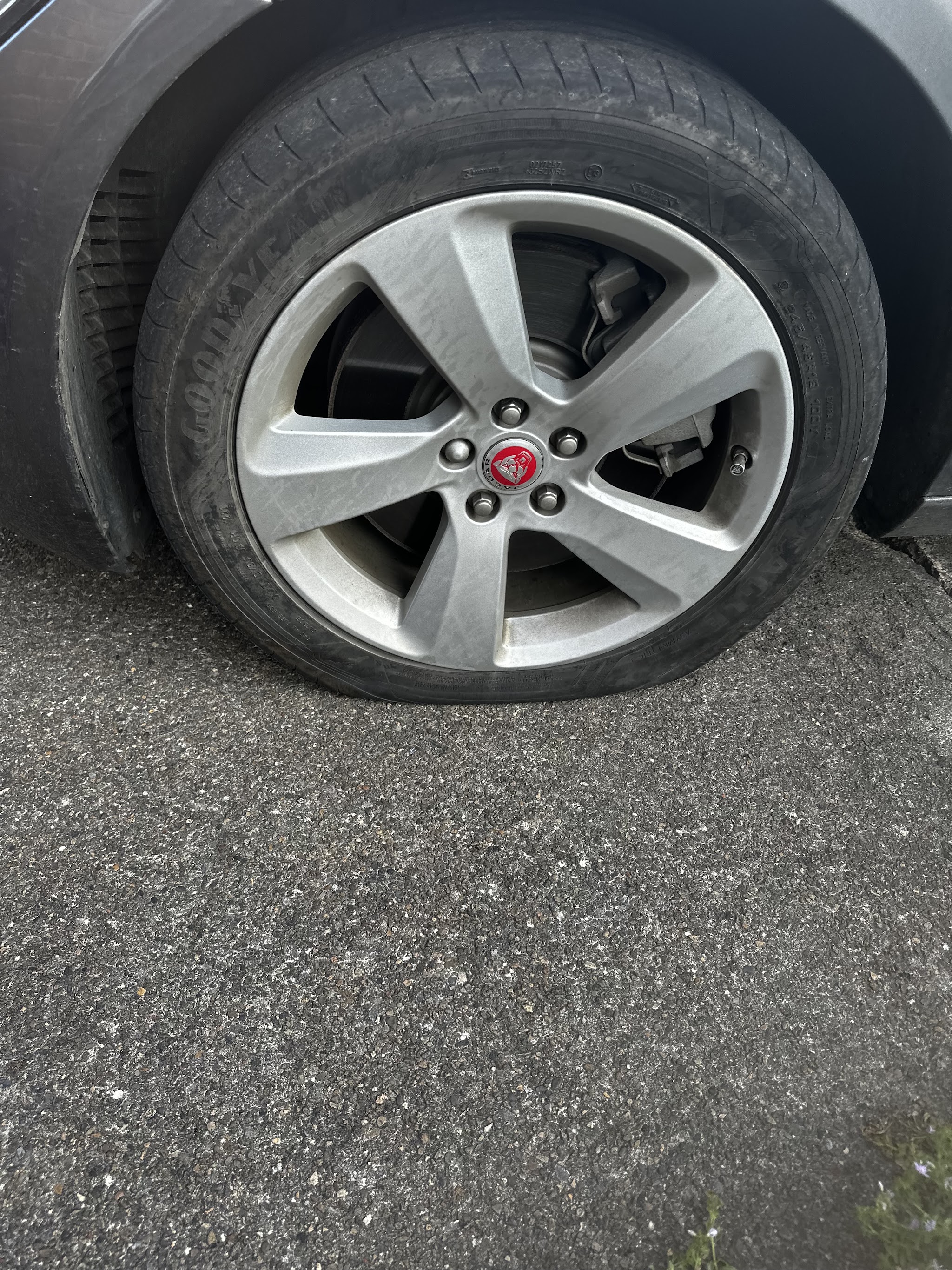 A flat front tyre on a Jaguar alloy wheel, sitting on the tarmac